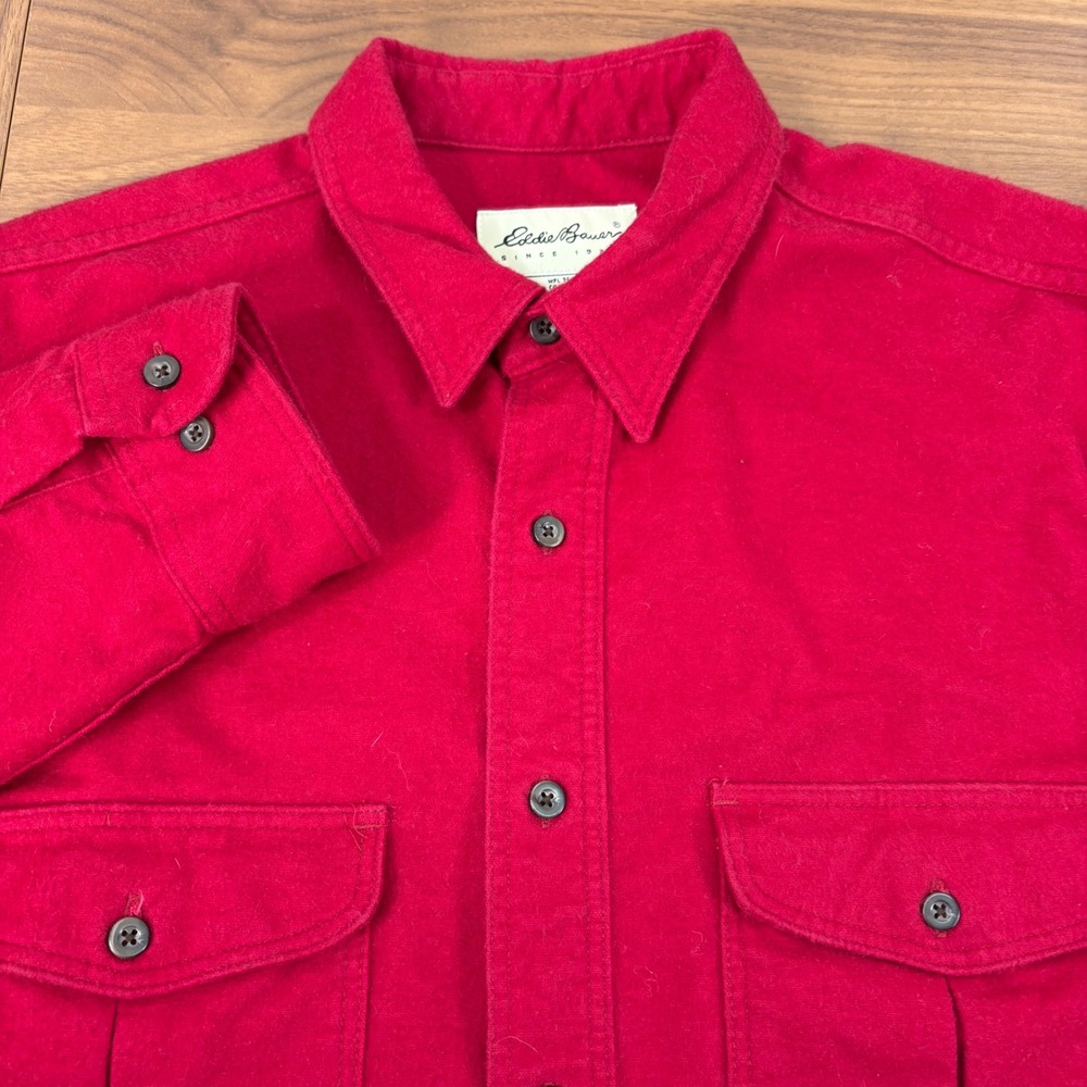 Eddie Bauer Large Red Heavy Flannel Long Sleeve Button Front Work Shirt‎ Cotton